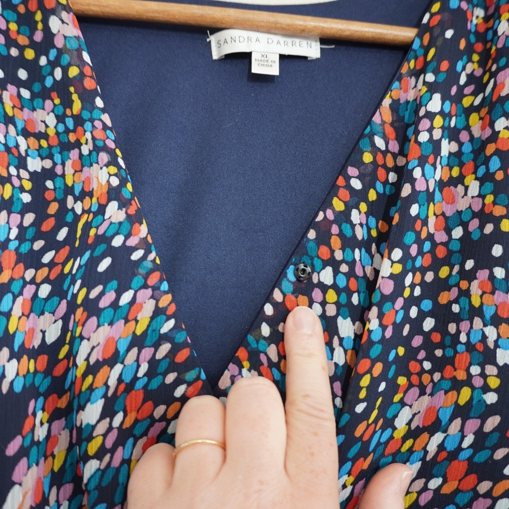 Sandra Darren XL Confetti Dot Tiered Faux Wrap Midi‎ Dress Navy Multicolor Party - Picture 6 of 9